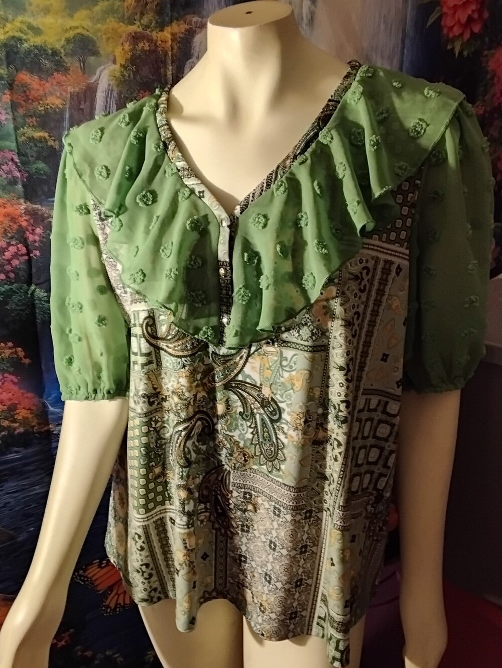 Cato women’s size 18 20 2X XXL top blouse dress short sleeve green Paisley shirt